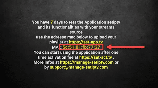 MAC address displayed on screen in Prima IPTV compatible app