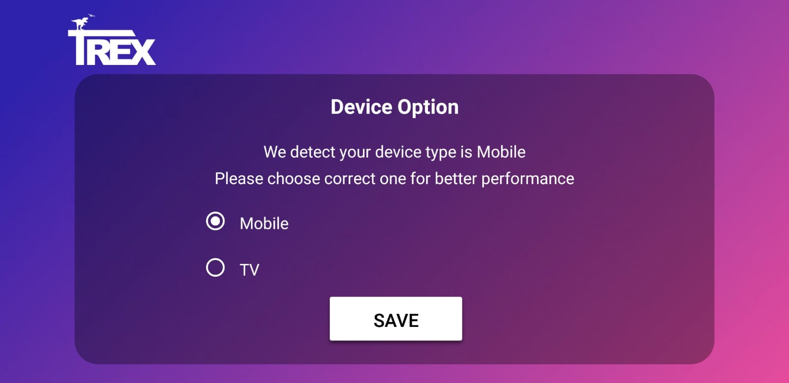 Prima IPTV app — select Mobile or Tablet on Android