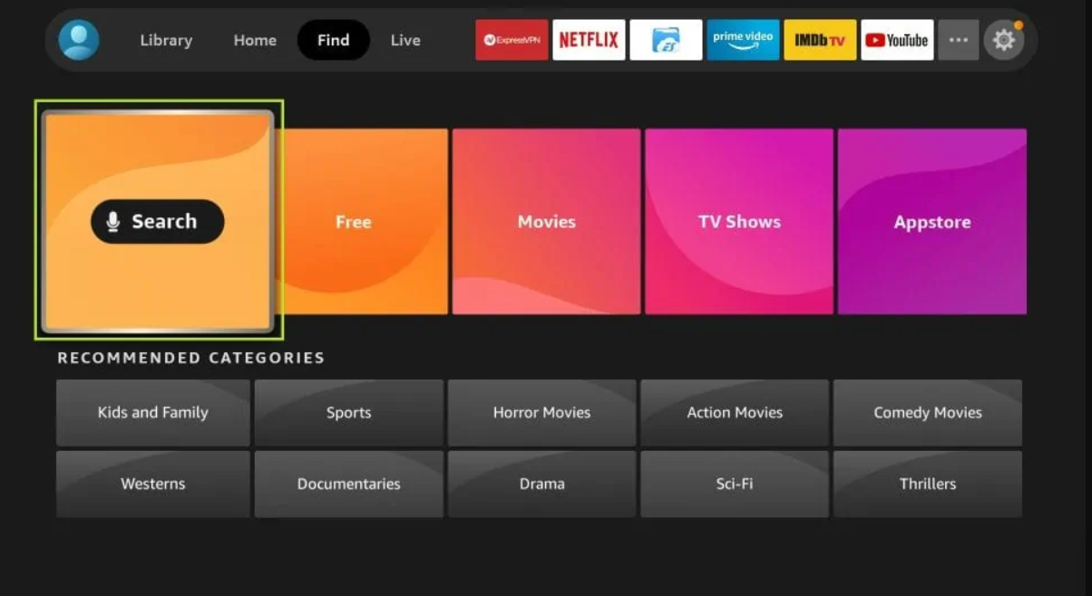 Prima IPTV FireStick — click Search