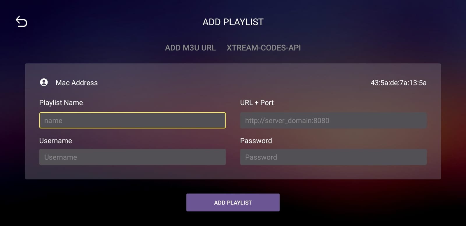 Enter server details in Prima IPTV app