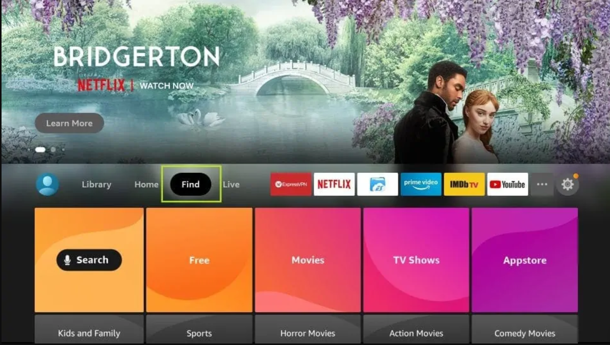 Prima IPTV FireStick home screen — select Find